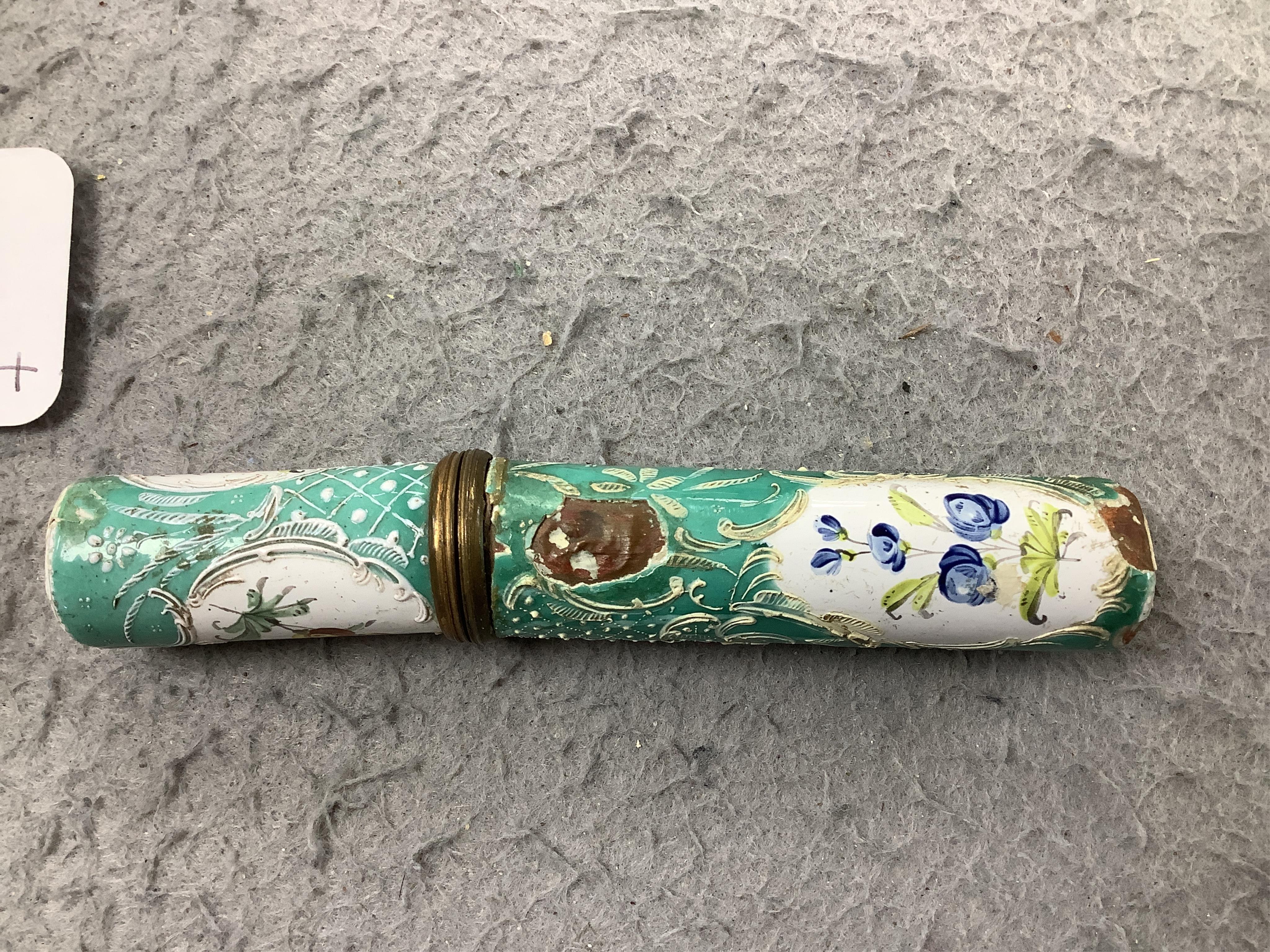 A South Staffordshire enamel bodkin case, 9cm wide, and three other enamel items; a patch box, thread holder and box with hinged cover.